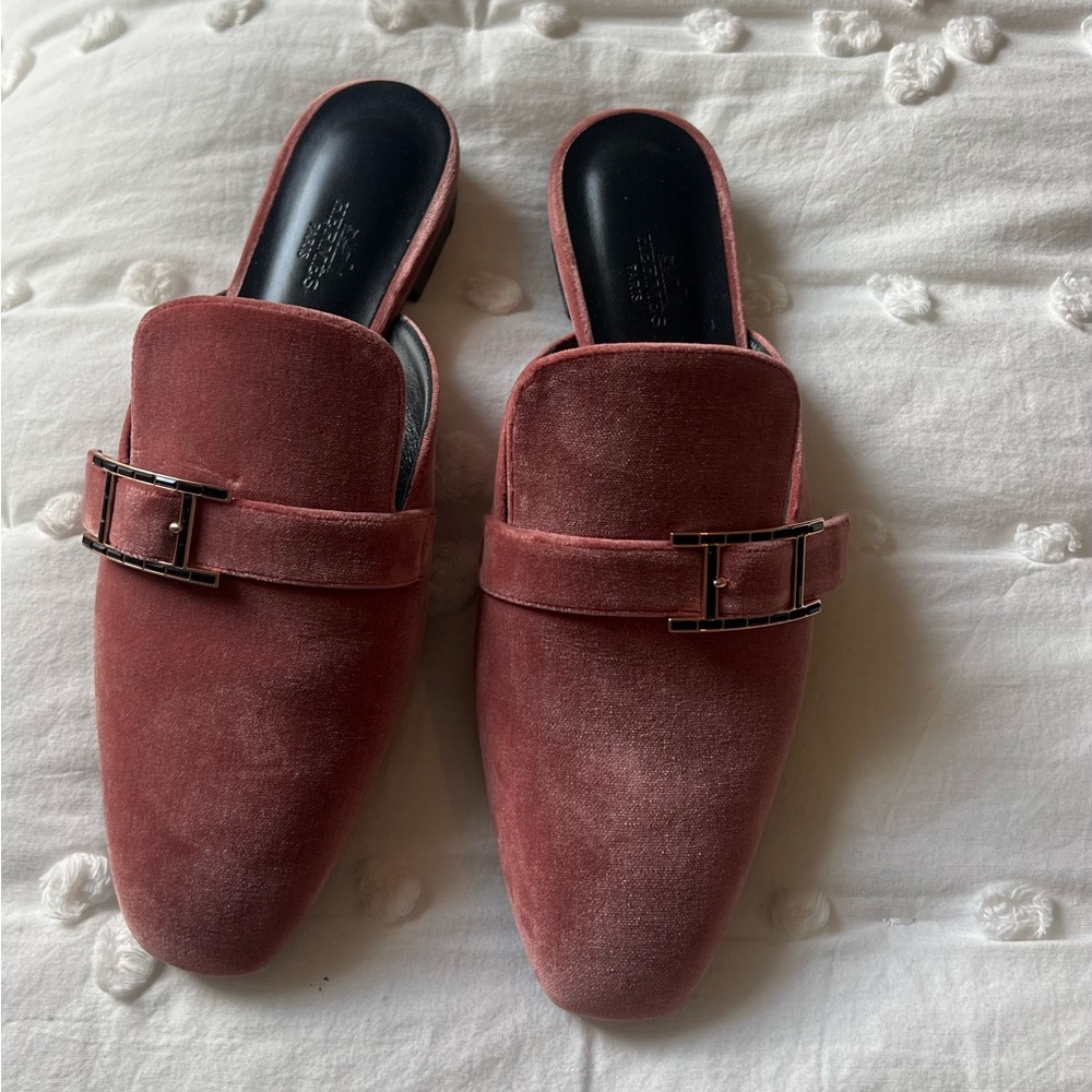 Hermes Velvet Slip-On Mules with Crystal Buckle